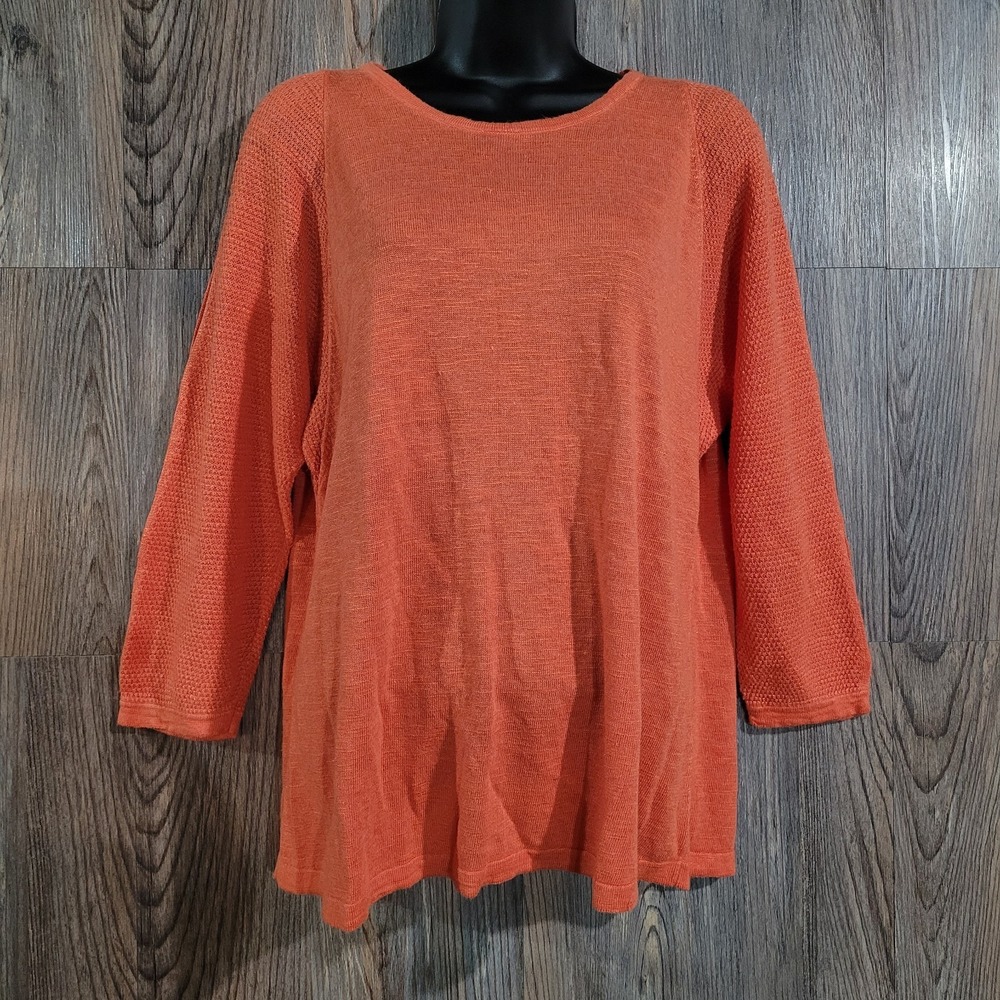 J Jill Linen Blend Knit Top Sz L Orange Textured 3/4 Sleeves Slit Sleeves Autumn